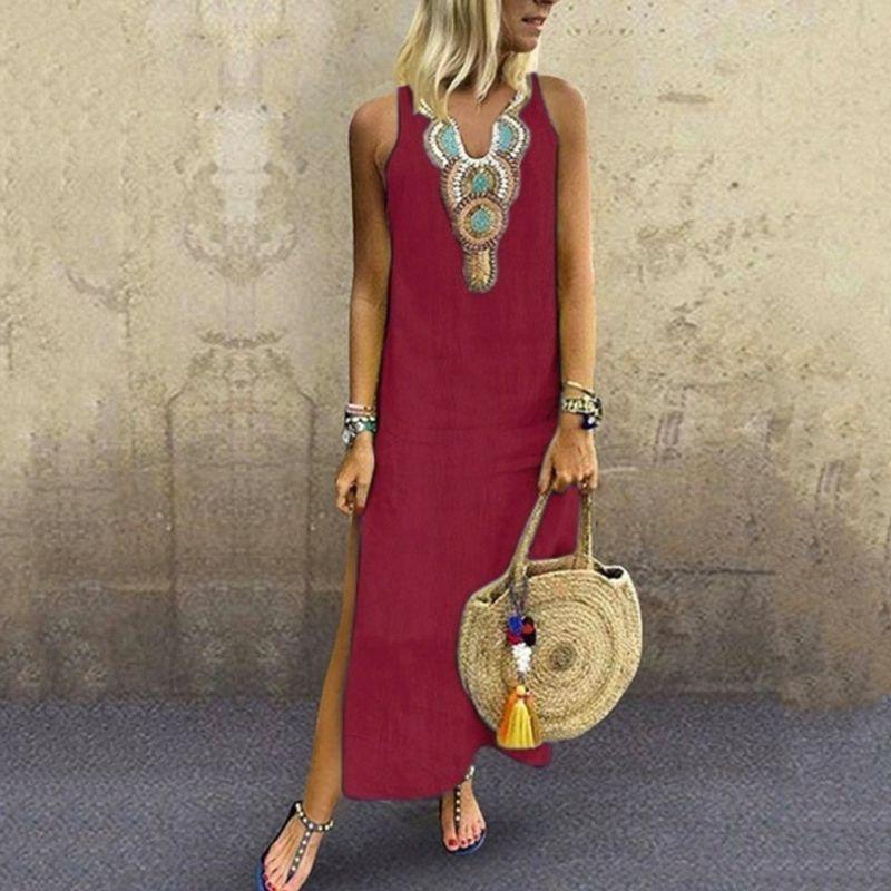 

Женское новое повседневное свободное богемное сексуальное платье без рукавов с глубоким V-образным вырезом и боковым разрезом, длинное платье Burgundy S