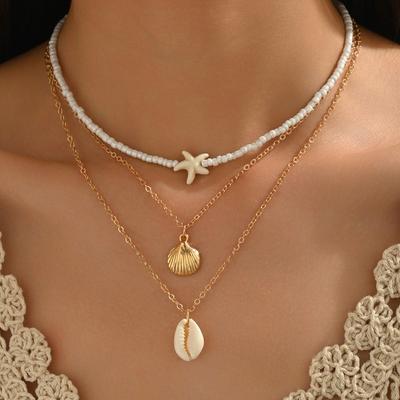 Exquisite Boho Starfish Shells Necklace Metal Handmade Charm Choker Starfish Pendant Elegant Tassel Clavicle Chain