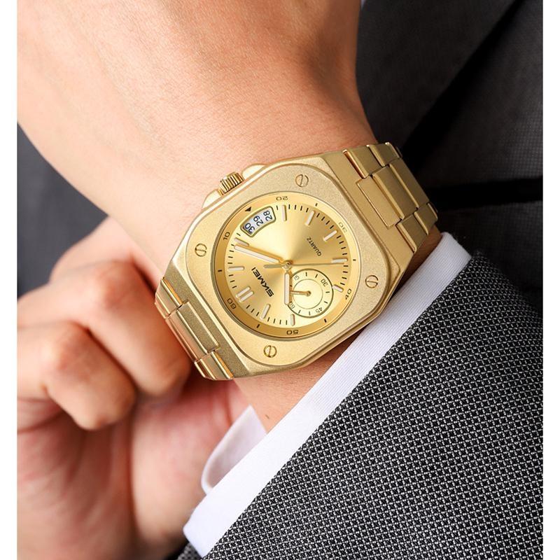 Mens Analog Quartz Wrist Watch Waterproof Luminous Dial Calendar Window Steel Band Square Dress Watches