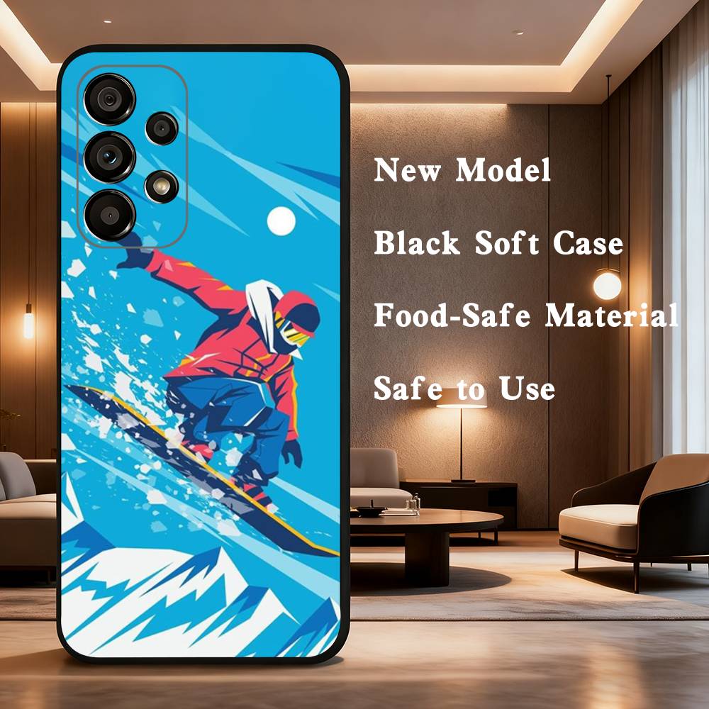 Sport Cartoon Snowboarding Case For Samsung Galaxy A73,52,71,53,32,72,41,J7,22,Note,31,8,9,Soft Black Silicone Cover