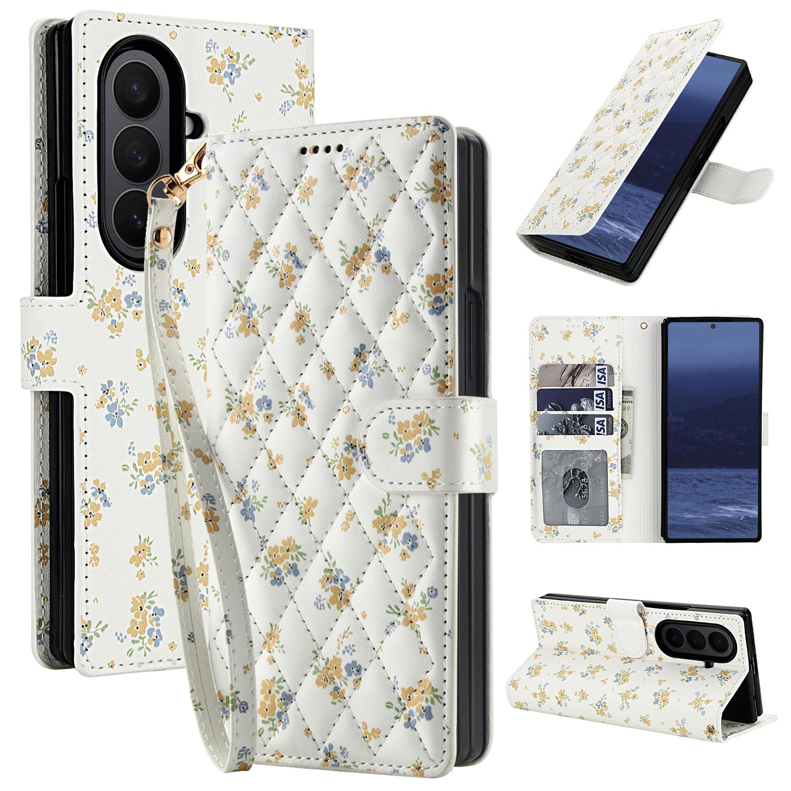 

For Samsung Galaxy Z Fold7 5G Wallet Case Rhombic Floral Design Leather Flip Phone Cover with Strap