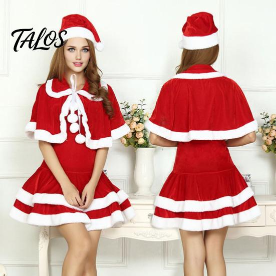 Bühnenauftrittskleidung Damen Weihnachten Weihnachtsmann Kostüm, Cosplay Kostüm mit Kleid, Rot Weiß Anzug Hut & Schal, Samt Weihnachtsfeier Mini Ärmellos
