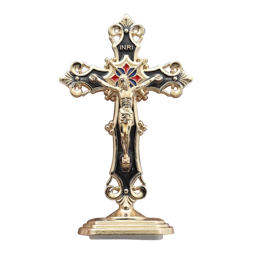 Golden Cross Ornaments Double-sided Tape Metal Statues Creative Handicrafts Oil Droped Colors Car Ornaments Christ On The Stand