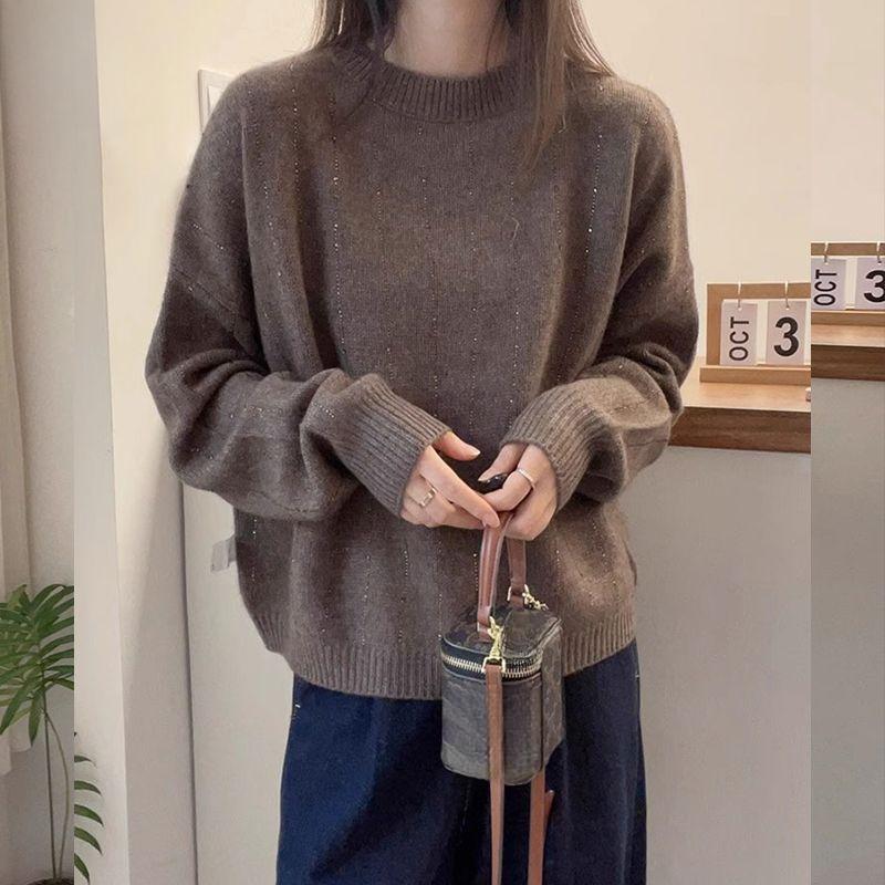 

Crew Neck Sweater for Spring & Autumn Outer Wear Loose Pullover Solid-Color Wool Sweater for Autumn & Winter Base Layer Knit Top 2XL