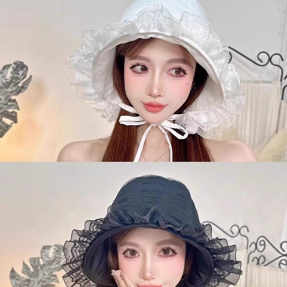 White Fisherman Hat Summer Visor Basin Cap Foldable Lace Bucket Hat  Girls