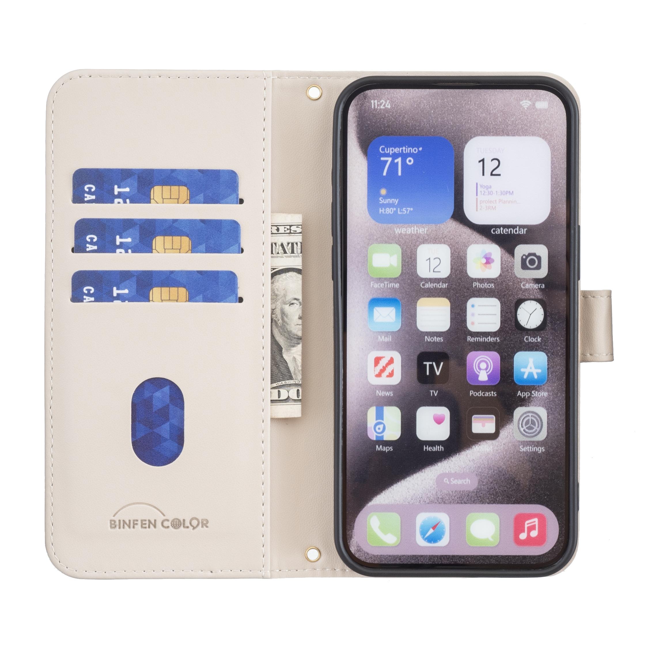 

BINFEN COLOR BF34 for iPhone 16 Pro Max Leather Case Square Grid Phone Wallet Cover Beige