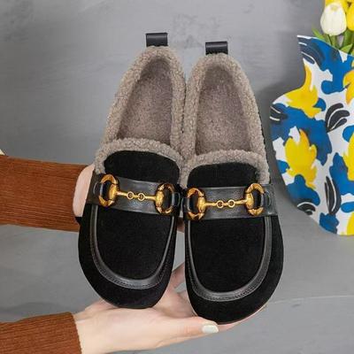 Leather Plush Shoes Women's Winter Plush Warm Single Shoes Matte Leather Cotton Shoes Large Size