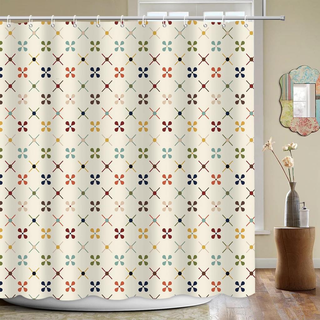 Mid Century Modern Shower Curtain, Geometric Abstract Bathroom Decor Set With Hooks, Waterproof Washable Retro Fabric Decor