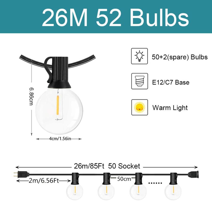 Ghirlande luminoase G40 26M LED în aer liber cu becuri E12 din plastic pentru petrecere în grădină, nuntă, terasă, terasă, camping, Anul Nou, ghirlande de decorare