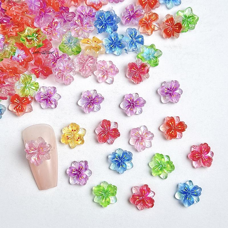 50Pcs 3D Ice Translucent Gradient Blossom Flowers Nail Charms Luminous Manicure Art Decorations for Nail Design