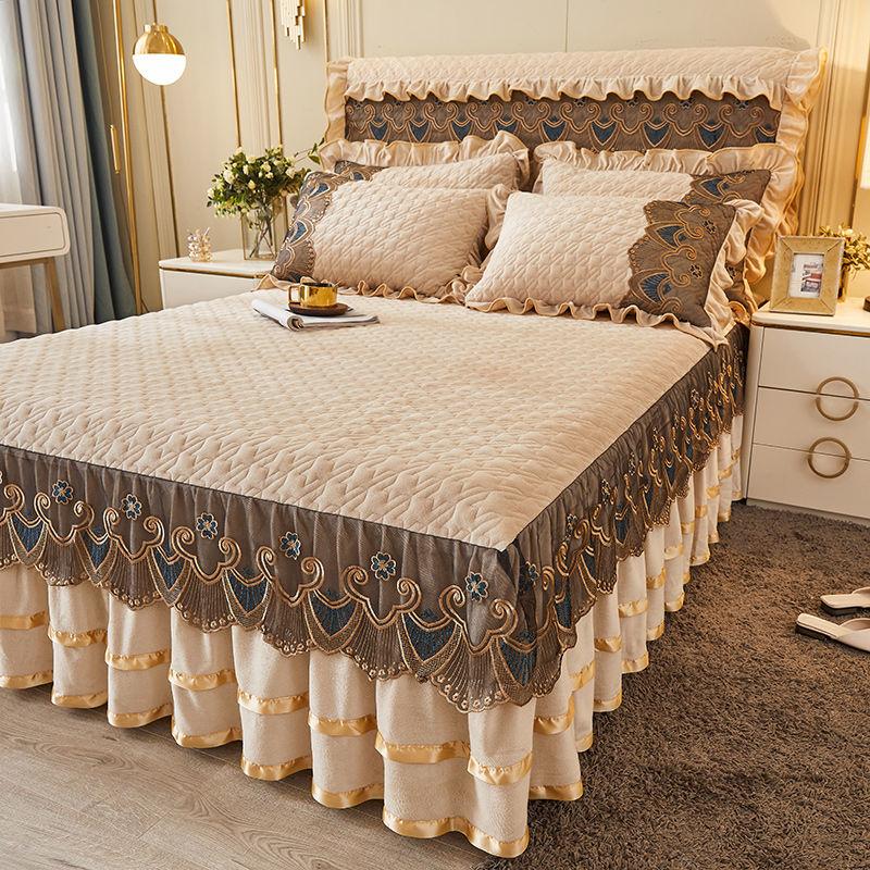 Quilted Bed Skirt Set with Heart Embroidery Lace Trim and Tie-Up High Drop  Includes 1 Bed Skirt and 2 Pillowcases
