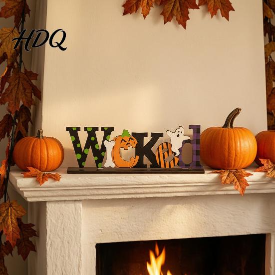 Creative Photography Props Halloween Wooden Table Sign Spooky Wicked Tiered Tray Decor Pumpkin Black Office Desk Festive Ornaments Cat Ghost Design,