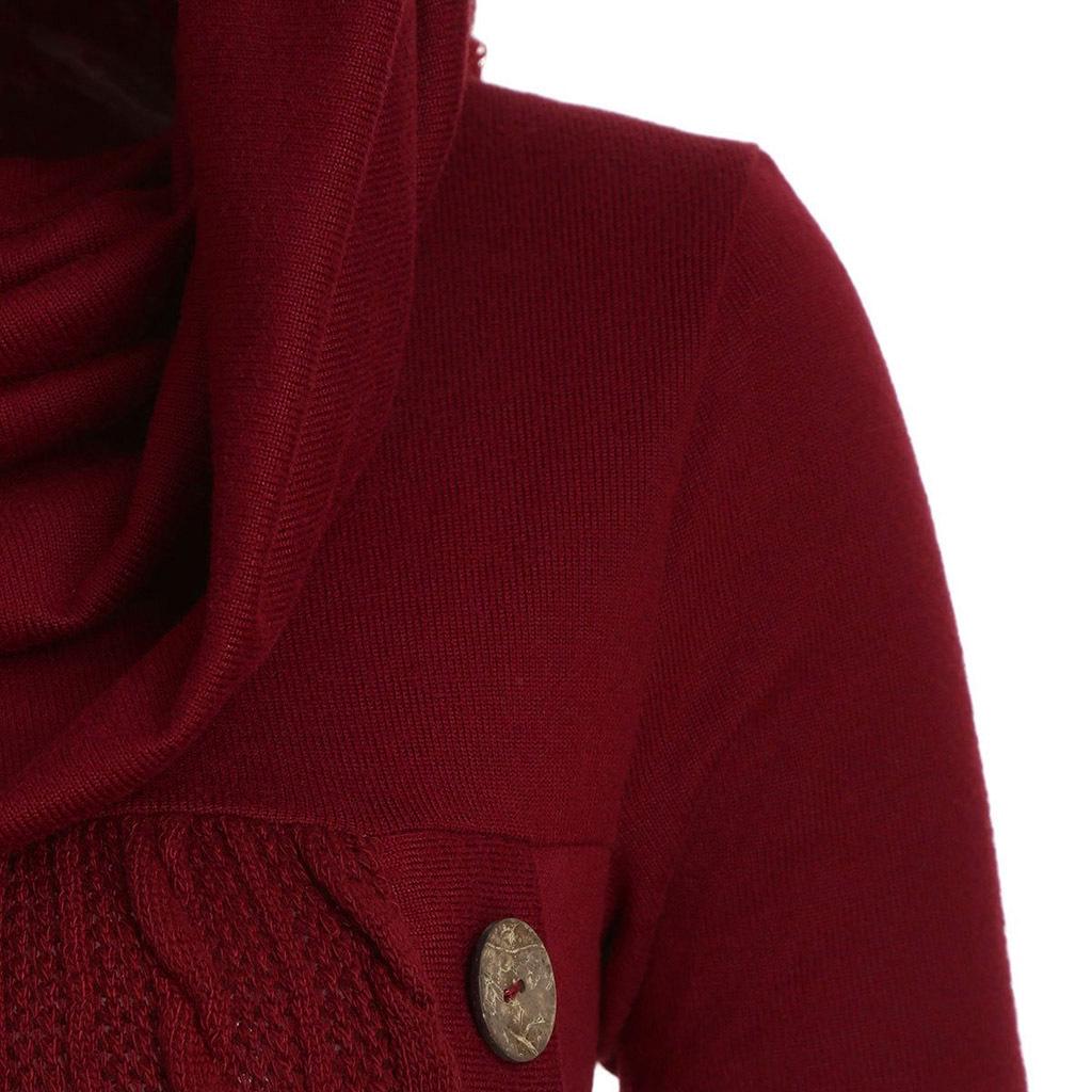Women's Plus Size High Neck Hooded Knit Sweater with Button Detail