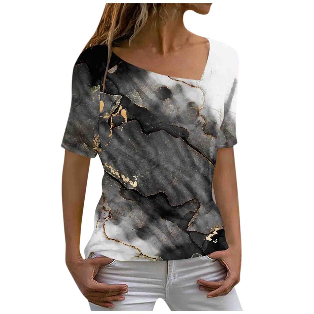 Sommer 3D-gedruckte Marmor Tie Dye Serie Damen Casual Schräghals Kurzarm T-Shirt