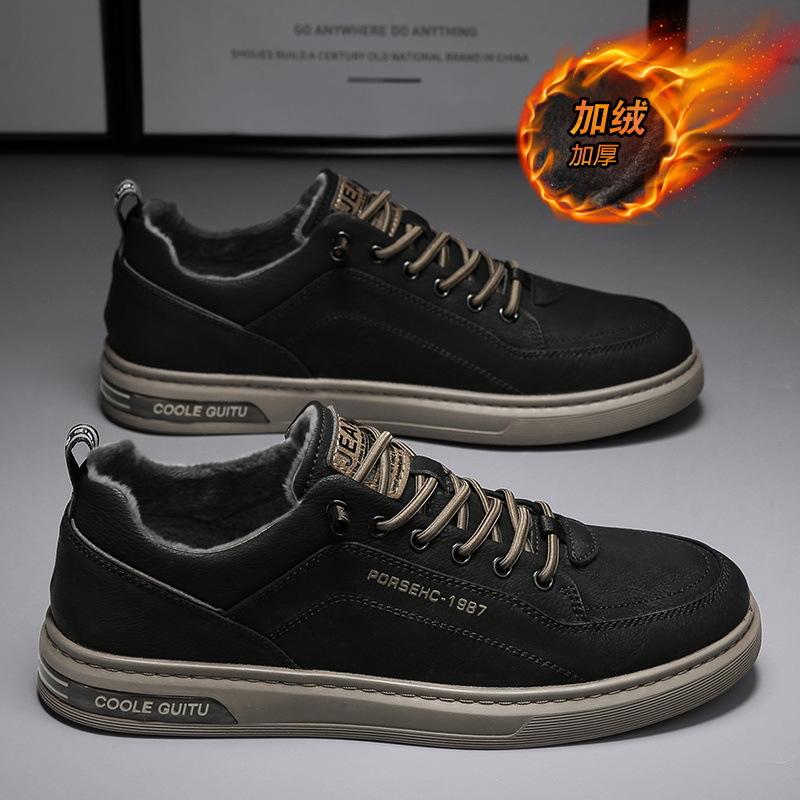 Cotton Shoes Men's Winter Warm Velvet Thickened White Shoes One Pedal Autumn Casual Versatile Leather Surface Light Board Shoes
