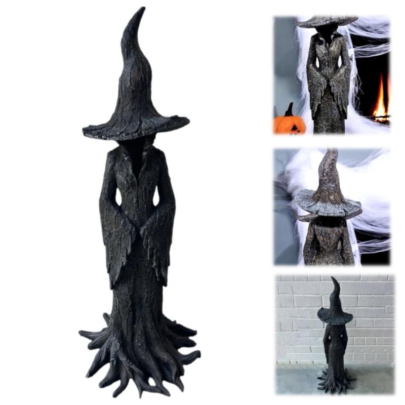 Halloween Witch Statue Tree Root Witch Figurine Sculpture Desktop Witch Decor Ornament Resin Home Office Party Decoration