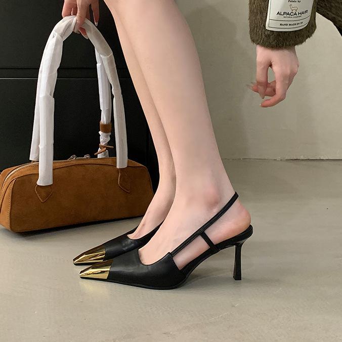 Summer new one-word strap side empty pointed high heels women's thin heels green bag head rear empty sandals women's