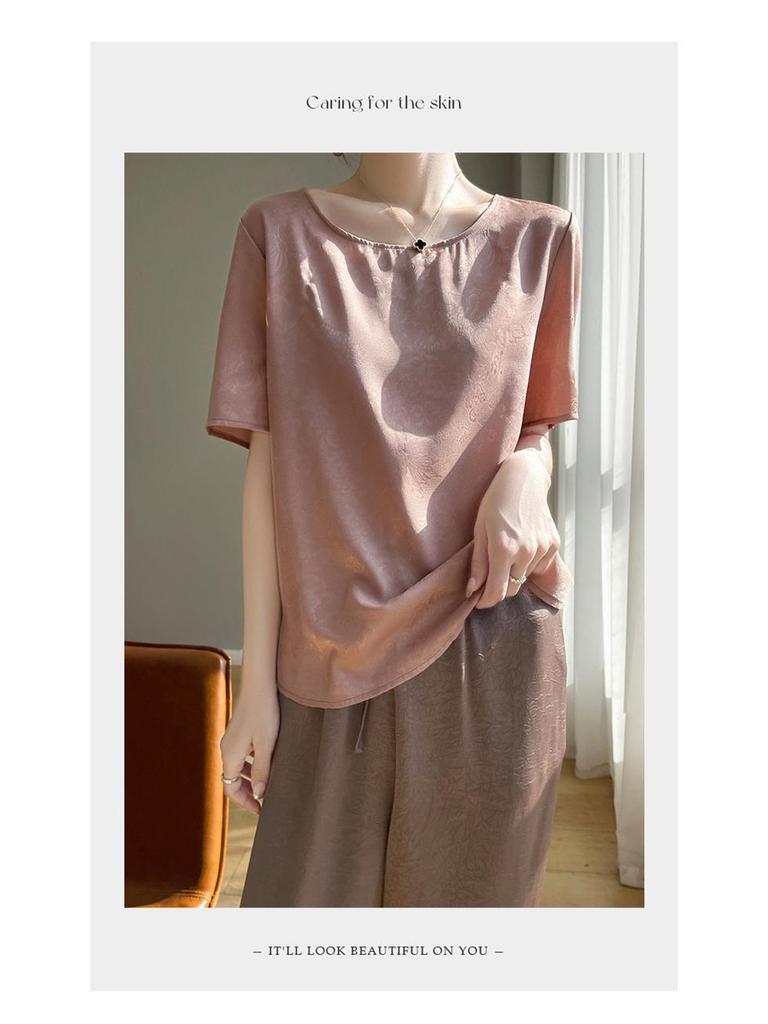 Damen Satin Rundhals Fünf-Ärmel Locker Geschnittenes Sommer T-Shirt