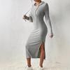 Vestido largo con capucha de manga larga para mujer, ajustado, elástico, informal, con abertura lateral, de punto, para otoño e invierno