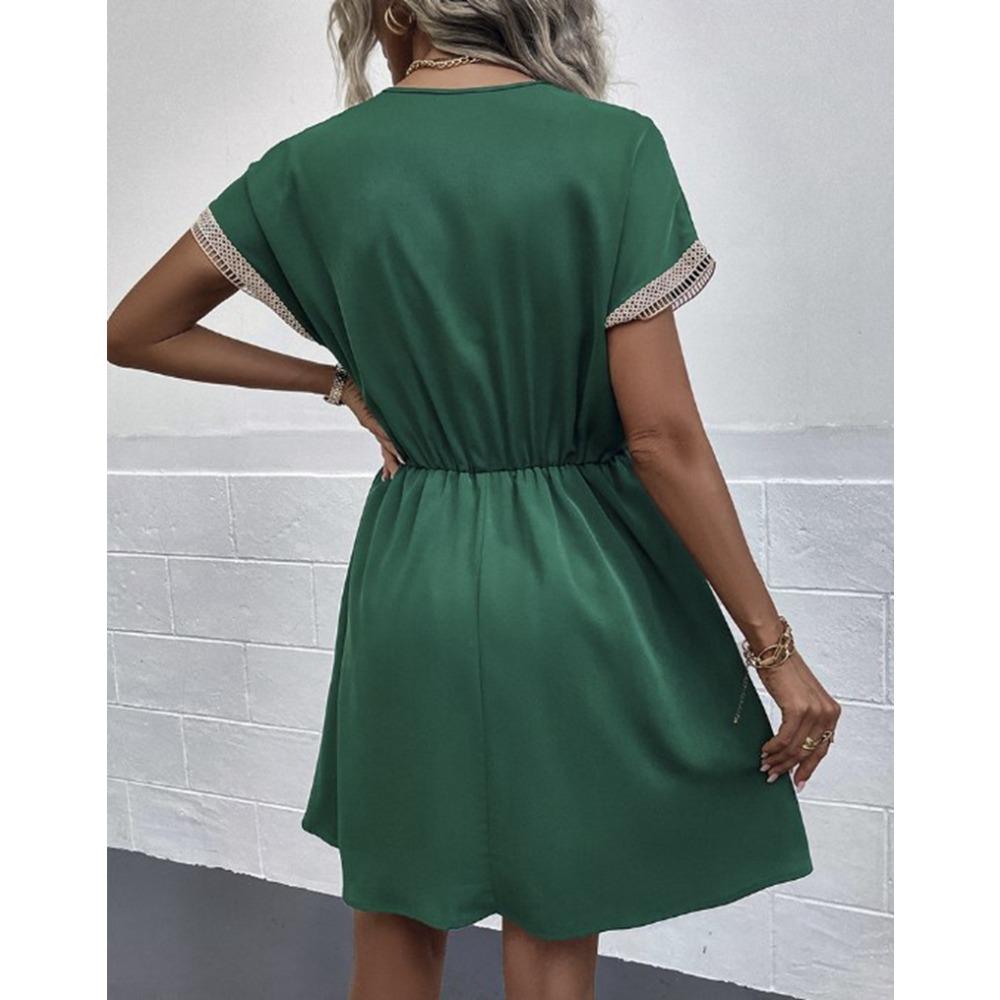 Women's Summer Dress, Spring and Summer Solid Color Short Sleeve Lace V-neck Waist-fitted Dress Casual Drawstring Waist Vacation Dress