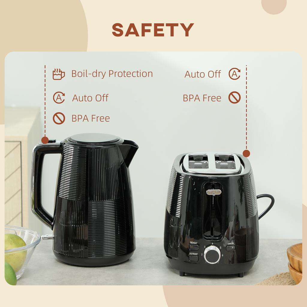 Kettle and Toaster Set, 1.7L 3000W Fast Boil Kettle & 2 Slice Toaster Kitchen Set with 7 Level Browning Controls, Defrost, Reheat