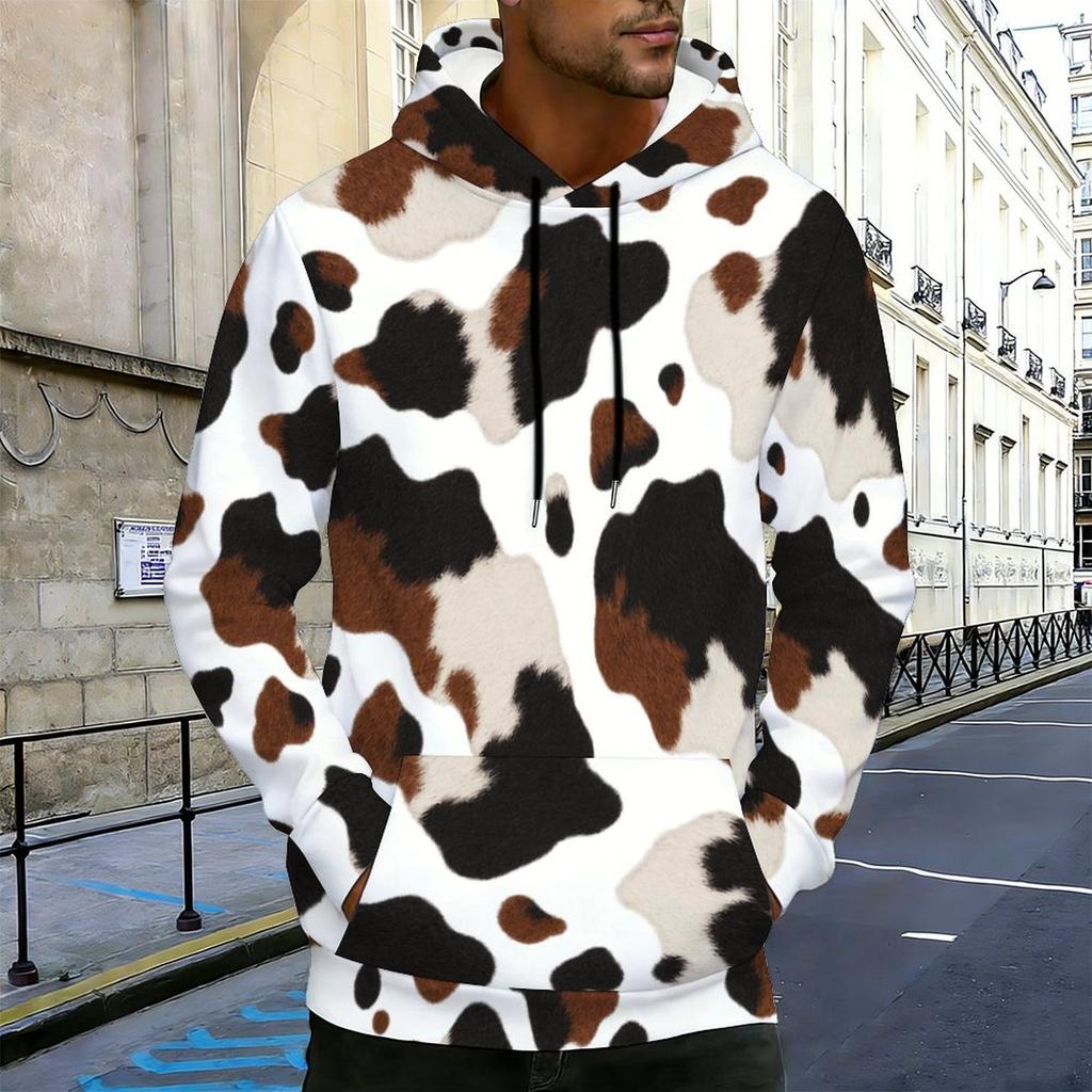 Felpa con cappuccio da uomo taglie forti, stampa a pois bianchi, manica lunga, coulisse, tasca a marsupio, pullover