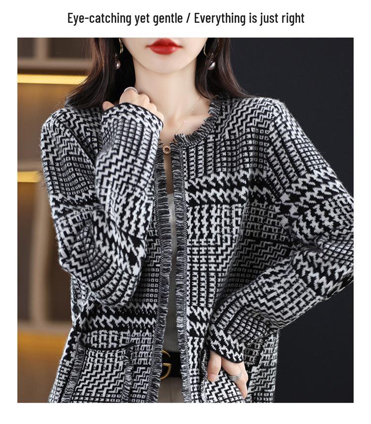 Women's French Chic Wool Houndstooth Cardigan - Autumn/Winter Thick Knit Tassel Coat