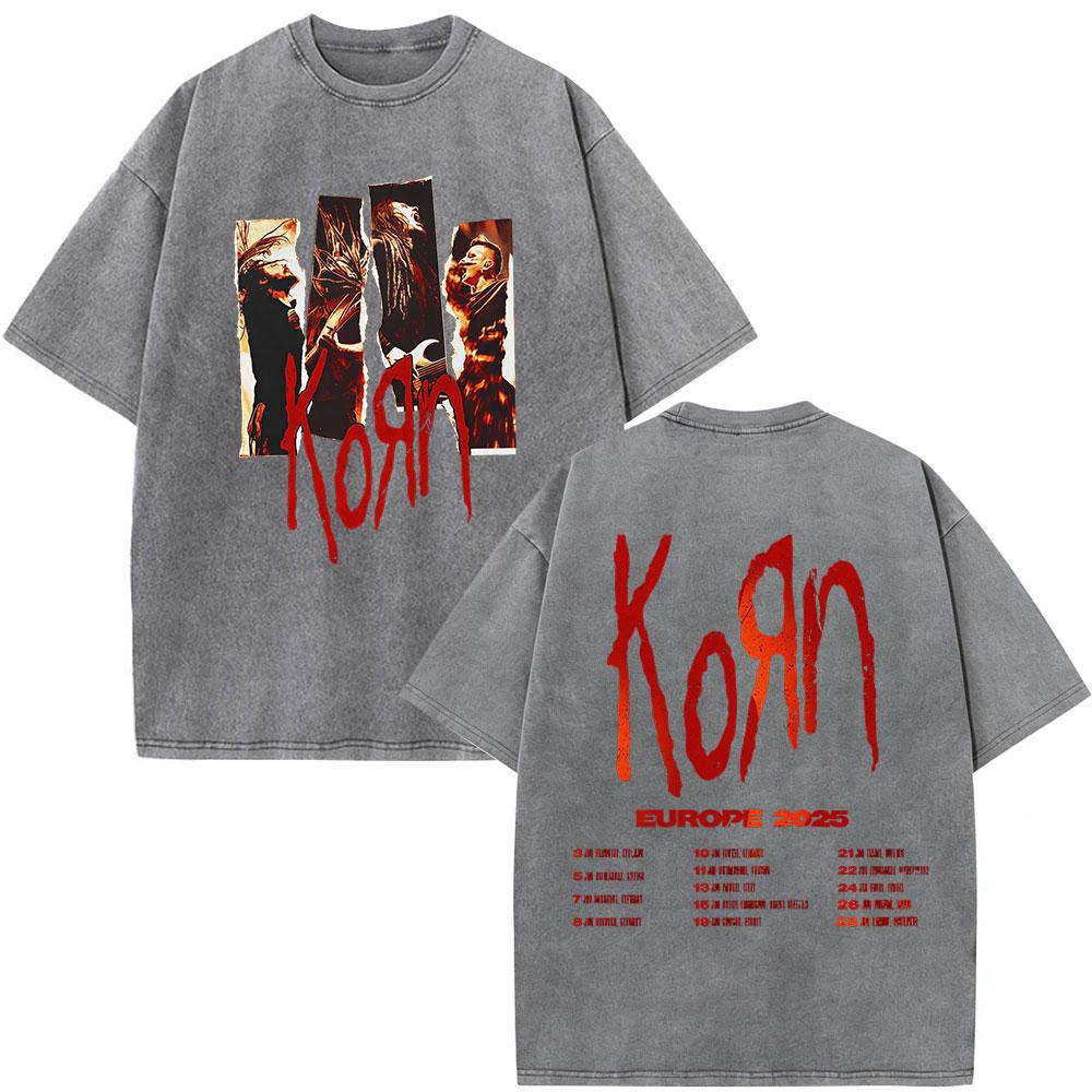 Korn Europe Tour Vintage Washed T Shirt Fan Gifts Metal Gothic Rock Band Tshirts Mens Clothing Casual Short Sleeve Tshirt