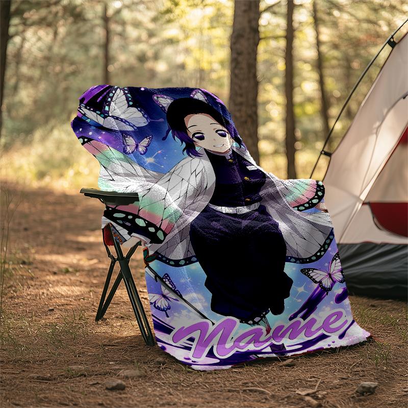 Personalized Custom Name Blanket - Demon Slayer Shinobu Kocho Print Design,Blanket for Sofa,Bed,Travel,Camping - Soft and Warm, Great Gift