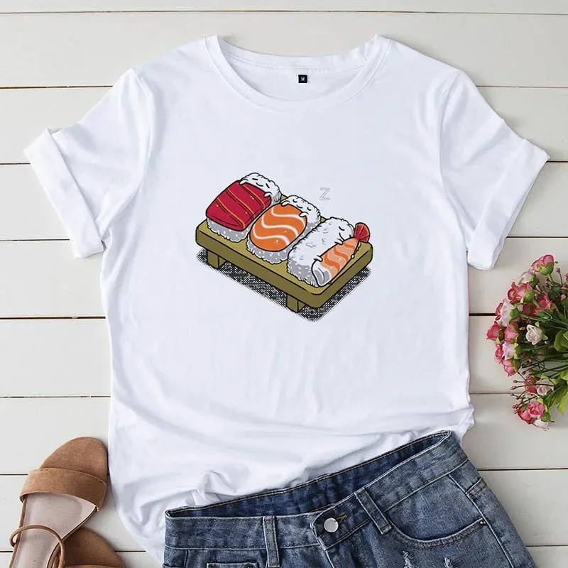 Cute Cartoon Sushi Pattern Printed Short Sleeved Round Neck Summer Top Casual Womens Tshirt