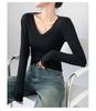 Spicy Girl Slim-Fit V-Neck Long-Sleeve Women's T-Shirt: Versatile, Solid Color, Ideal for Spring, Autumn, Winter.