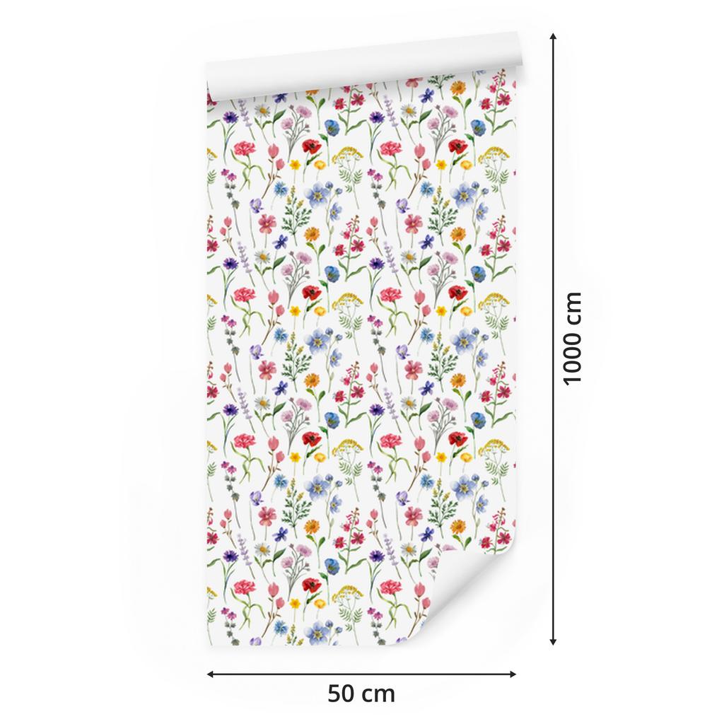 Wild Flowers Wallpaper White and Light Gray, White Background 50x1000