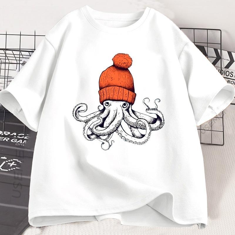 2026 Summer Unisexs 100 Pure Cotton Octopus Print Round Neck Tshirt Unisex Casual Versatile Soft Breathable Short Sleeved Shirt