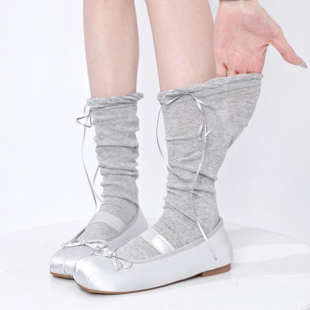 Lolita Lace Frill Mid-Calf Socks with Bow Ribbon - White Ballet Style JK Knee-Highs for Spring & Autumn