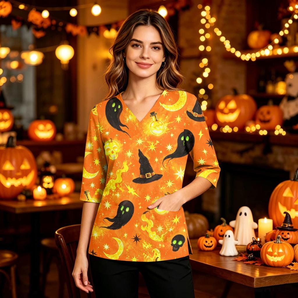 Women's Halloween Costume V-Neck with Pocket Side Slit 3/4 Sleeve Top
