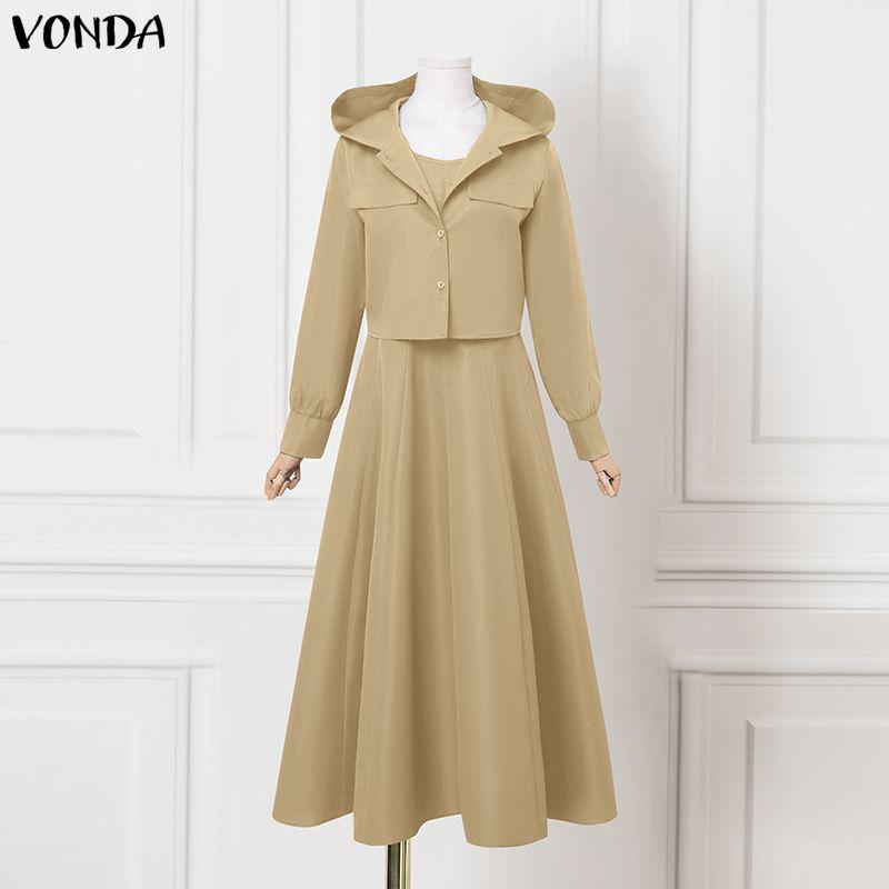VONDA 2PCS Women Long Sleeve Hooded Tops and Sleeveless Skirts Casual Two Piece Suit Sets