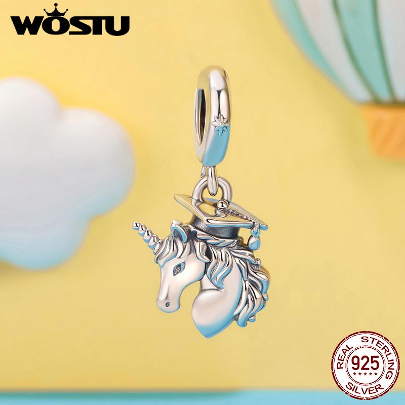 WOSTU Graduation Jewelry 925 Silver Girl & boy Charm Unicorn Pendant Retro Owl With Hat Bead Fit Bracelet Daughter Girl DIY Gift