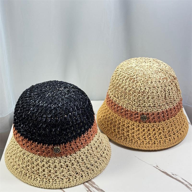 Vintage Color Block Knit Cotton Linen Fisherman Hat For Women Spring Summer Bucket Hat Sunscreen Chapeau Retro