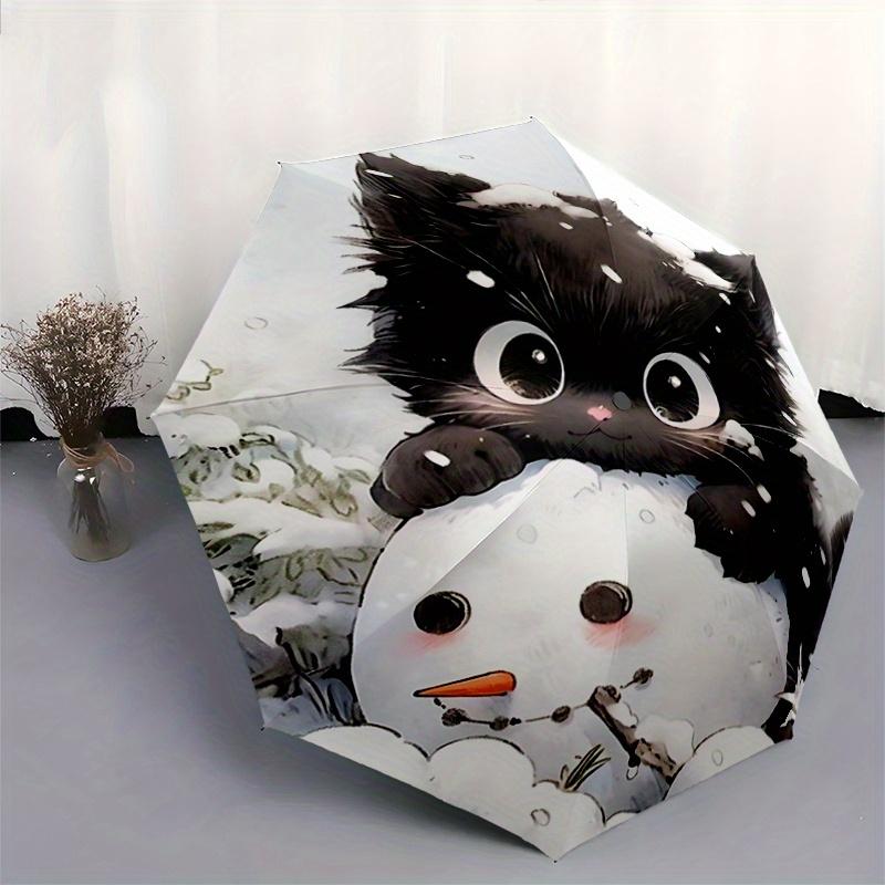 1pc Snowman & Cute Cat Pattern Automatic 3-Fold Umbrella, 8 Iron Frames, High-Value Folding Umbrella, Suitable for Office, Travel and Outdoor Adventur