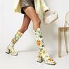 Flower Print Platform Knee High Boots Women Block Heel Square Toe Sexy Lady Winter Autumn Warm Plush Slip-on Long Platform Boots