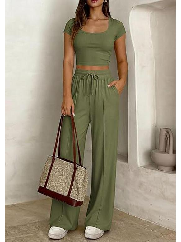 2026 Spring/Summer European & American Women's Casual Slim-Fit Two-Piece Set - Short Sleeve & Long Pants