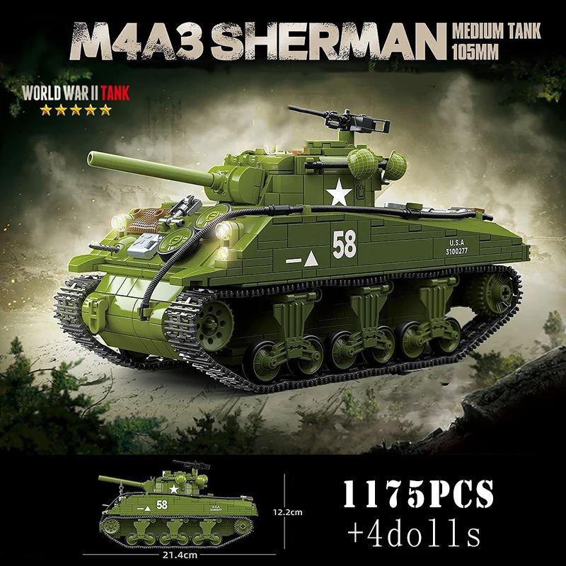 WW2 Army US Army M4A3 Sherman medium armored vehicle IS-2 Heavy Tank boy Brick Playset Block Bricks Toys  Playsetss for Boys  Girls Gift Presents