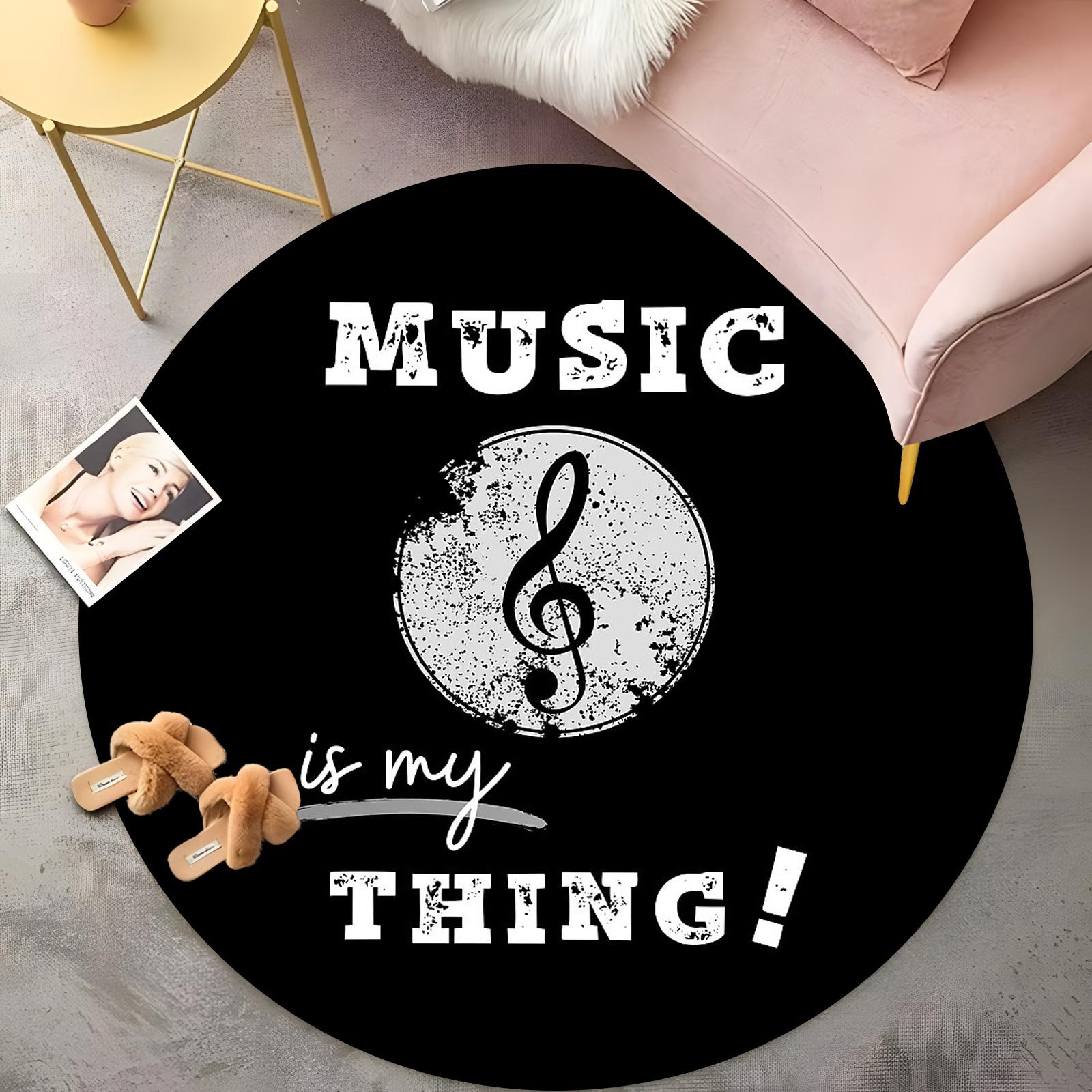 

Music is My Thing Round Rug - Bold Black & White Treble Clef Design, Bohemian Living Room Carpet, Non-Slip Vinyl Lover Floor Mat 60cm
