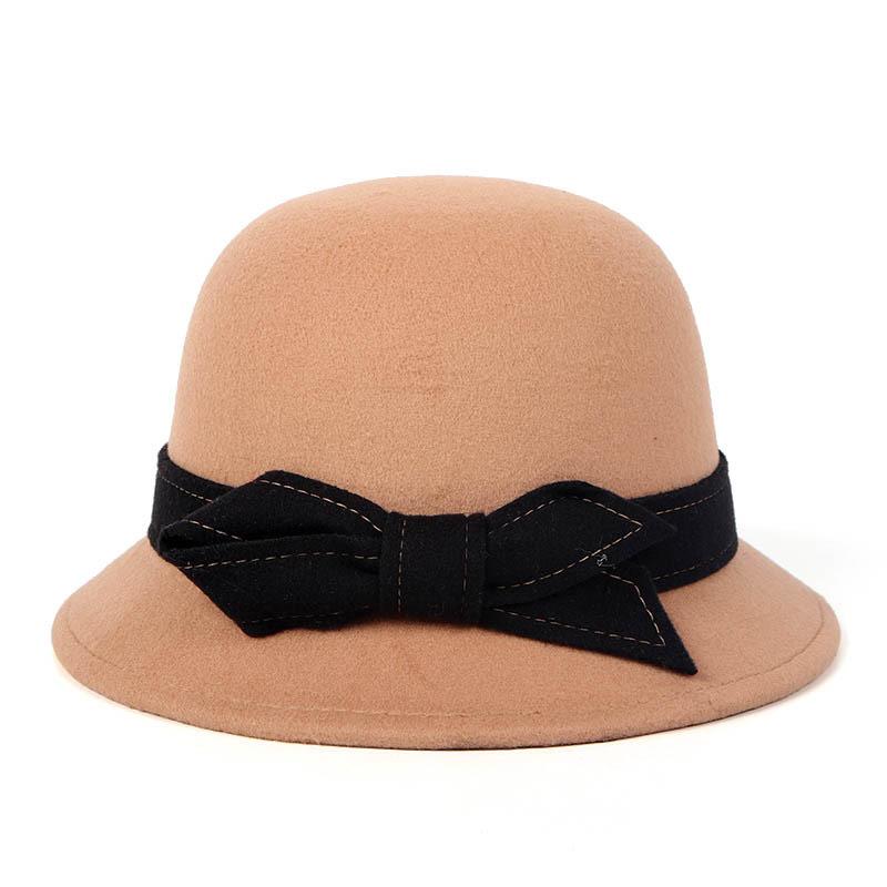 Bowler hat ladies autumn and winter fashion woolen bucket hat elegant celebrity top hat bow basin hat tide