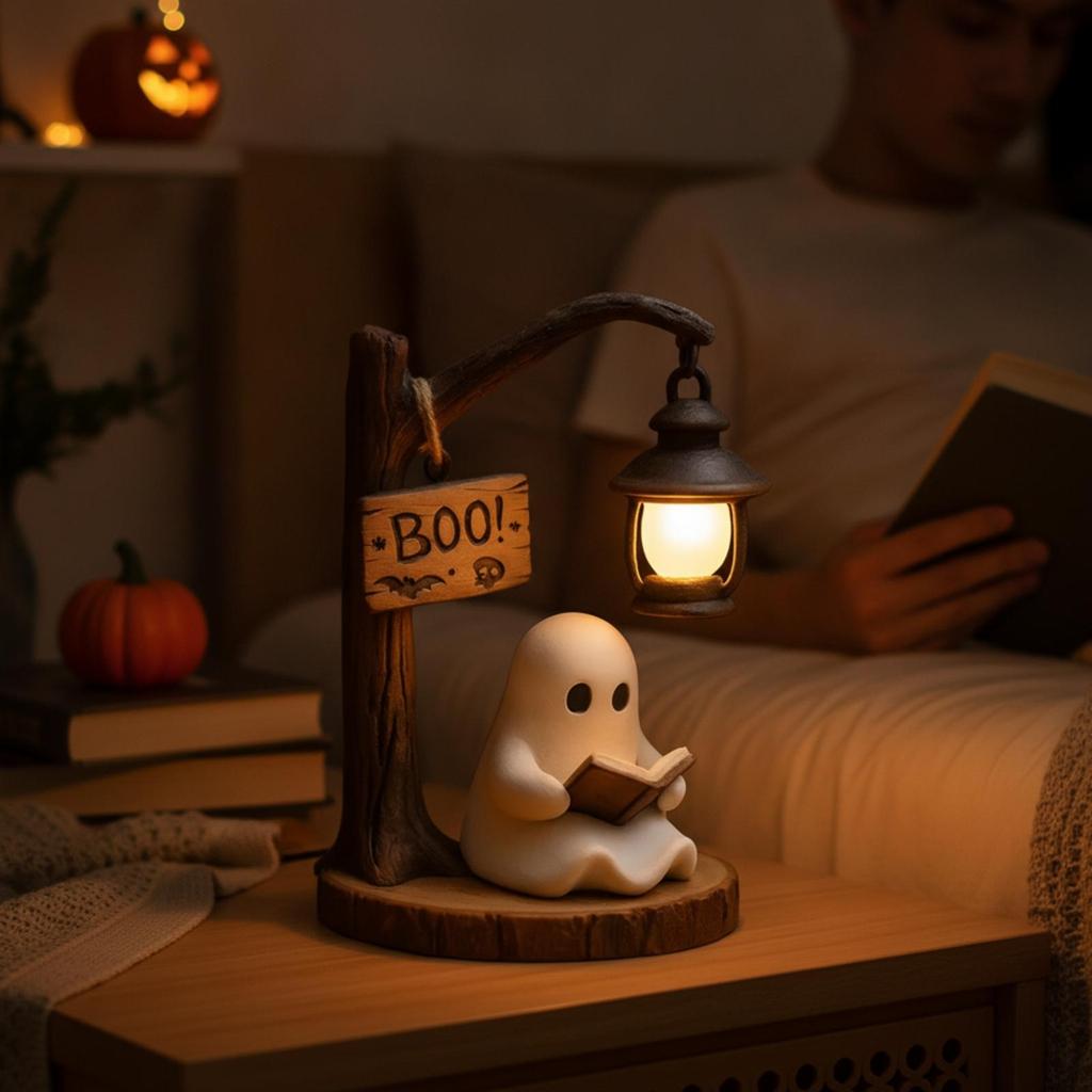 Specter Figurine with Lantern Whimsical Night Light SpookyCute Halloween for Book Lovers,