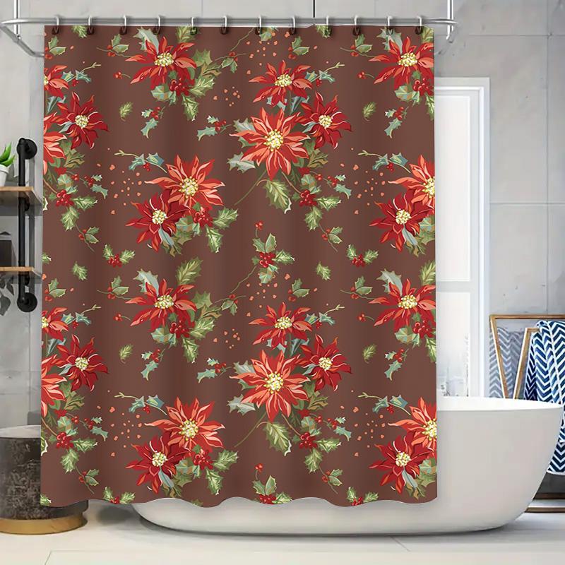 

Red Flower Shower Curtain With Christmas Holiday Print Waterproof Fabric For Bathroom Decorations Brown 84X72 (213Cm) W60H190(CM)-1 Pcs