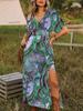 European and American autumn new fashion v-neck loose bohemian print split dress
