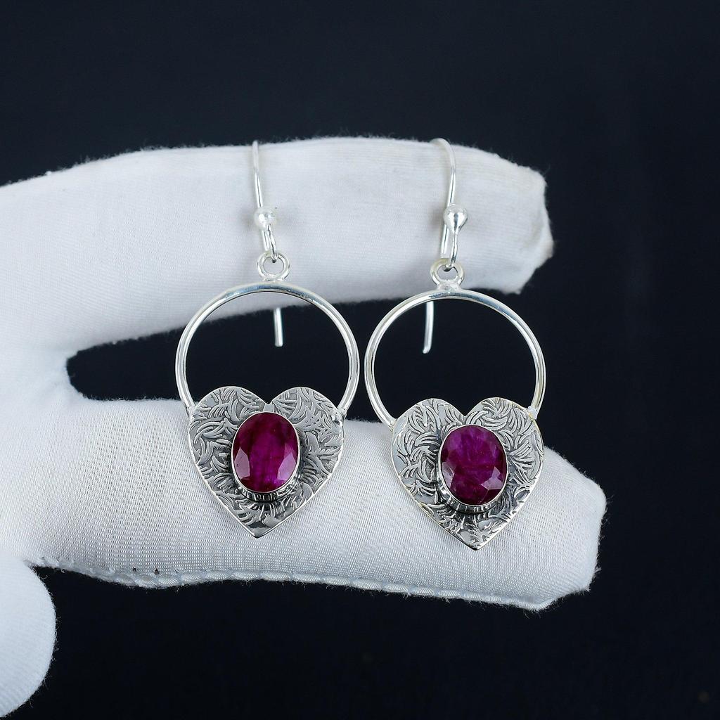 Dainty Kashmir Ruby Gemstone Heart Shape Earrings, 925 Sterling Silver Earring, Handmade Boho Silver Jewelry Dangle Earrings, Wadding Gift