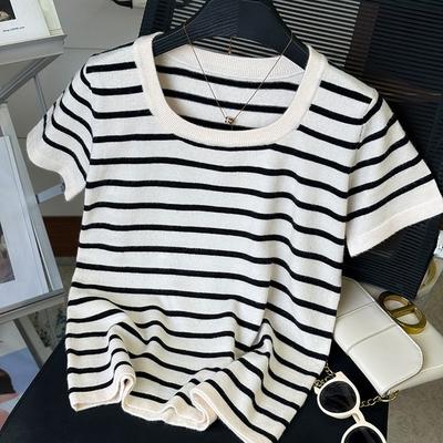 Ριγέ κοντομάνικο μεγάλο T-shirtΤετράγωνο λαιμόκοψη Πλεκτό βασικό μπλουζάκι Καλοκαιρινό κοντό εφαρμοστό τοπ
