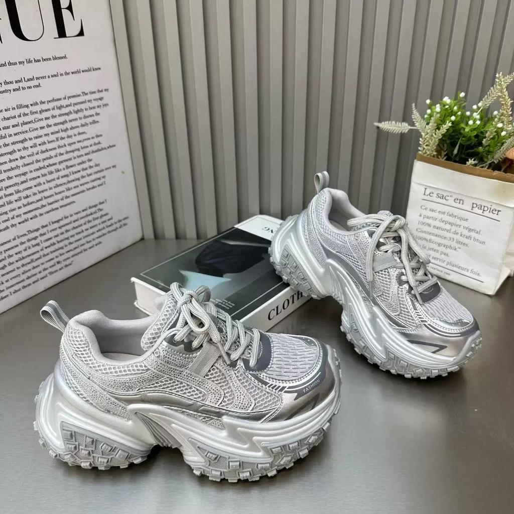European Leather Breathable Diamond Fried Street Dad Shoes Women's 2025 Autumn New Thick-soled Heightening Fashionable Versatile Casual Shoes